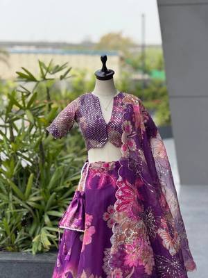 Purple Digital Printed Organza Chaniya Choli For Navratri Set with Sequins Blouse & Matching Dupatta  4