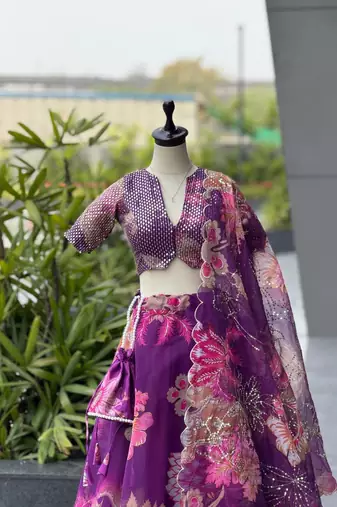 Purple Digital Printed Organza Chaniya Choli For Navratri Set with Sequins Blouse & Matching Dupatta 