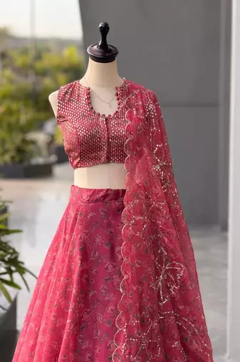 Pink Printed Jimmy OrganzaChaniya Choli For Navratri Set with Embroidered Sequins Dupatta & Batwa Bag