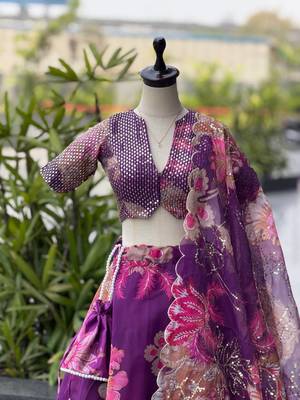 Purple Digital Printed Organza Chaniya Choli For Navratri Set with Sequins Blouse & Matching Dupatta  5