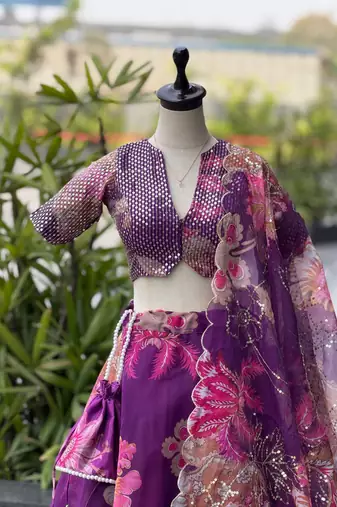 Purple Digital Printed Organza Chaniya Choli For Navratri Set with Sequins Blouse & Matching Dupatta 