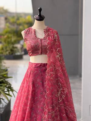 Pink Printed Jimmy OrganzaChaniya Choli For Navratri Set with Embroidered Sequins Dupatta & Batwa Bag 5