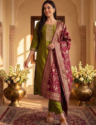 Women Ethnic Motifs Embroidered Kurta with Trousers & With Dupatta 1