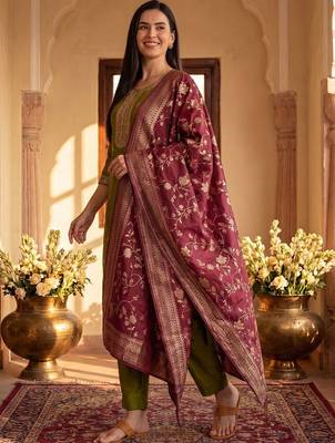 Women Ethnic Motifs Embroidered Kurta with Trousers & With Dupatta 4