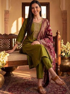 Women Ethnic Motifs Embroidered Kurta with Trousers & With Dupatta 5