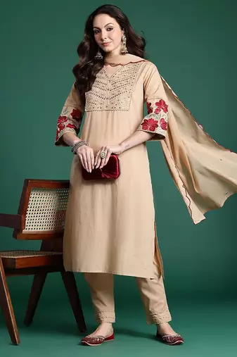 Floral Embroidered Kurta with Trousers & Dupatta