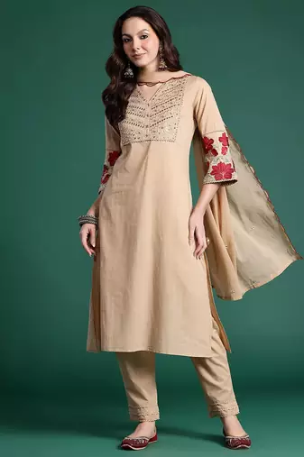 Floral Embroidered Kurta with Trousers & Dupatta