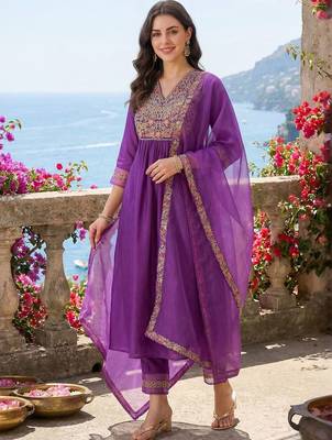 Women Ethnic Motifs Embroidered Empire Thread Work Liva Kurta with Trousers & With Dupatta 1