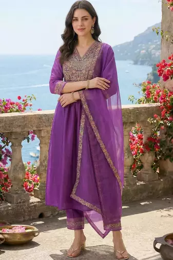 Women Ethnic Motifs Embroidered Empire Thread Work Liva Kurta with Trousers & With Dupatta