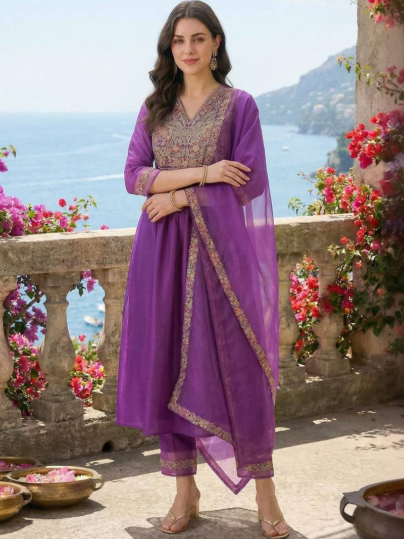 Women Ethnic Motifs Embroidered Empire Thread Work Liva Kurta with Trousers & With Dupatta