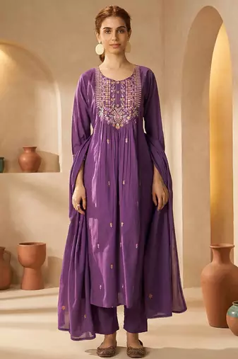 Women Ethnic Motifs Embroidered Panelled Thread Work Cotton Kurta with Trousers & With Dupatta