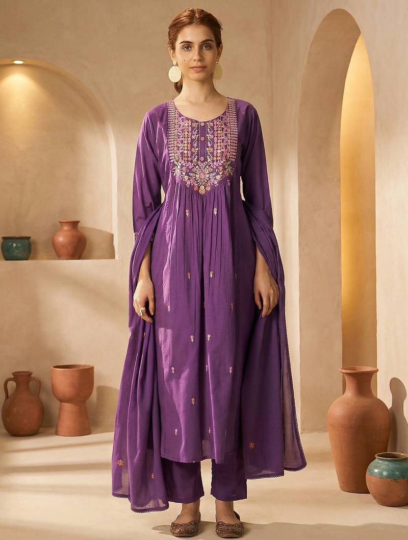 Women Ethnic Motifs Embroidered Panelled Thread Work Cotton Kurta with Trousers & With Dupatta