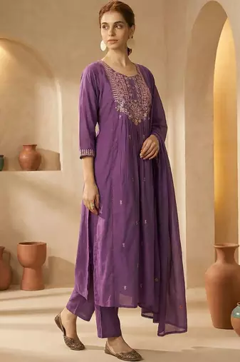 Women Ethnic Motifs Embroidered Panelled Thread Work Cotton Kurta with Trousers & With Dupatta