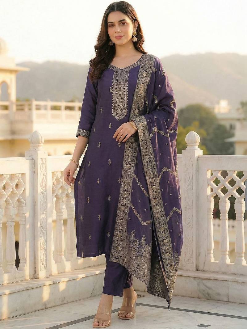Women Ethnic Motifs Embroidered Thread Work Kurta with Trousers & With Dupatta
