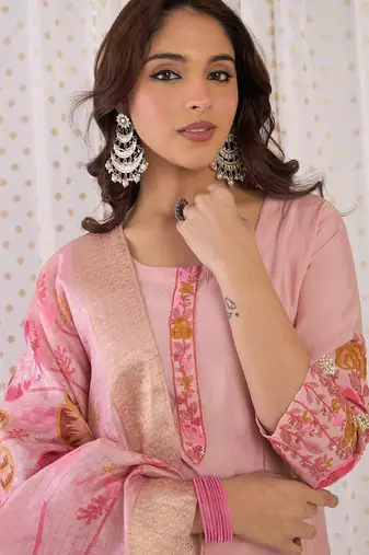 Floral Yoke Design Embroidered Thread Work Straight Kurta With Trousers & Dupatta