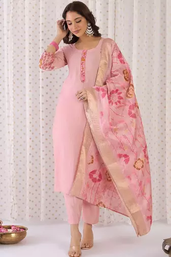 Floral Yoke Design Embroidered Thread Work Straight Kurta With Trousers & Dupatta