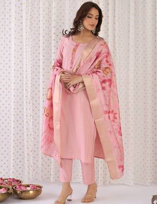 Floral Yoke Design Embroidered Thread Work Straight Kurta With Trousers & Dupatta 4