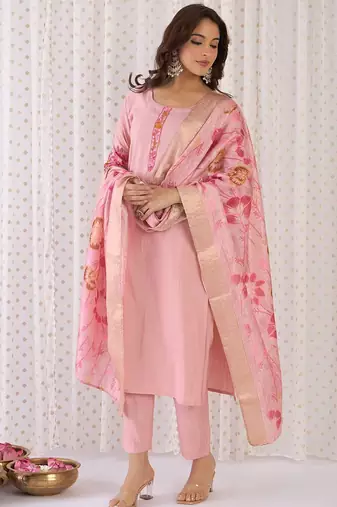 Floral Yoke Design Embroidered Thread Work Straight Kurta With Trousers & Dupatta
