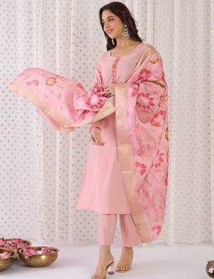 Floral Yoke Design Embroidered Thread Work Straight Kurta With Trousers & Dupatta 5