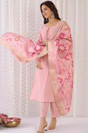 Floral Yoke Design Embroidered Thread Work Straight Kurta With Trousers & Dupatta