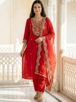 Women Ethnic Motifs Embroidered Liva Kurta with Trousers & With Dupatta 1