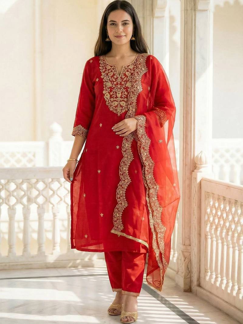 Women Ethnic Motifs Embroidered Liva Kurta with Trousers & With Dupatta