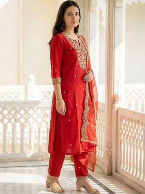 Women Ethnic Motifs Embroidered Liva Kurta with Trousers & With Dupatta 5
