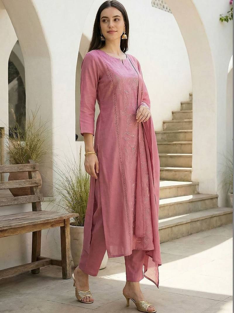 Women Floral Embroidered Thread Work Kurta with Trousers & With Dupatta