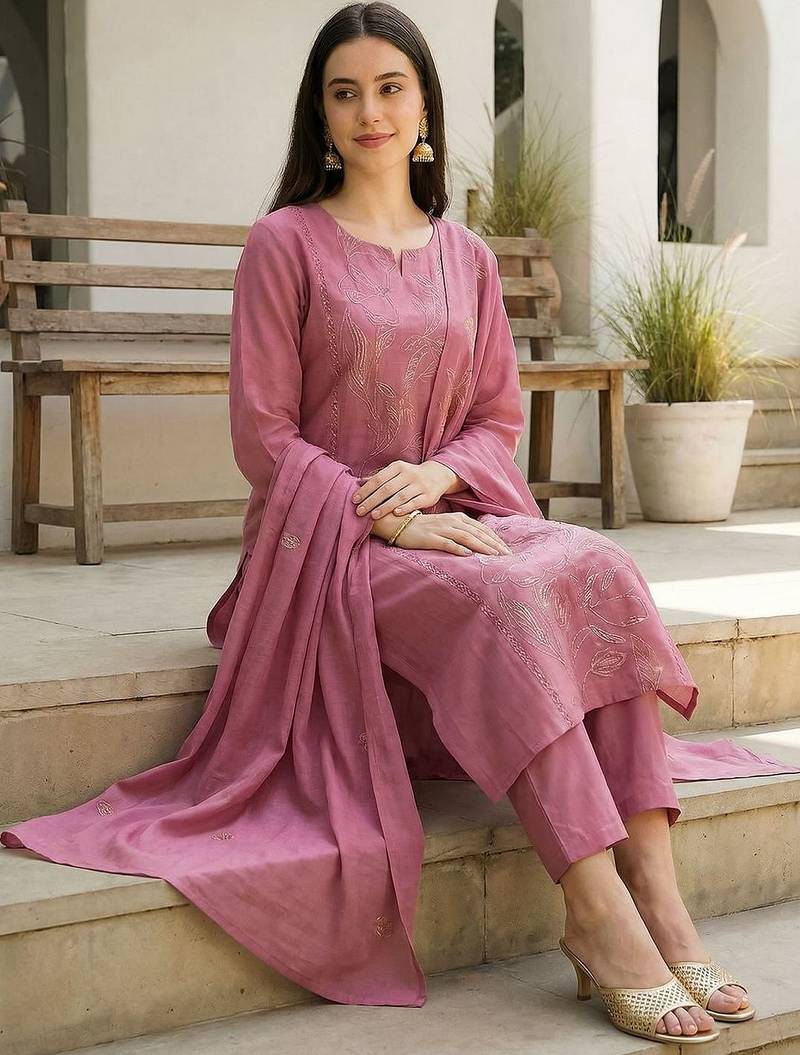 Women Floral Embroidered Thread Work Kurta with Trousers & With Dupatta