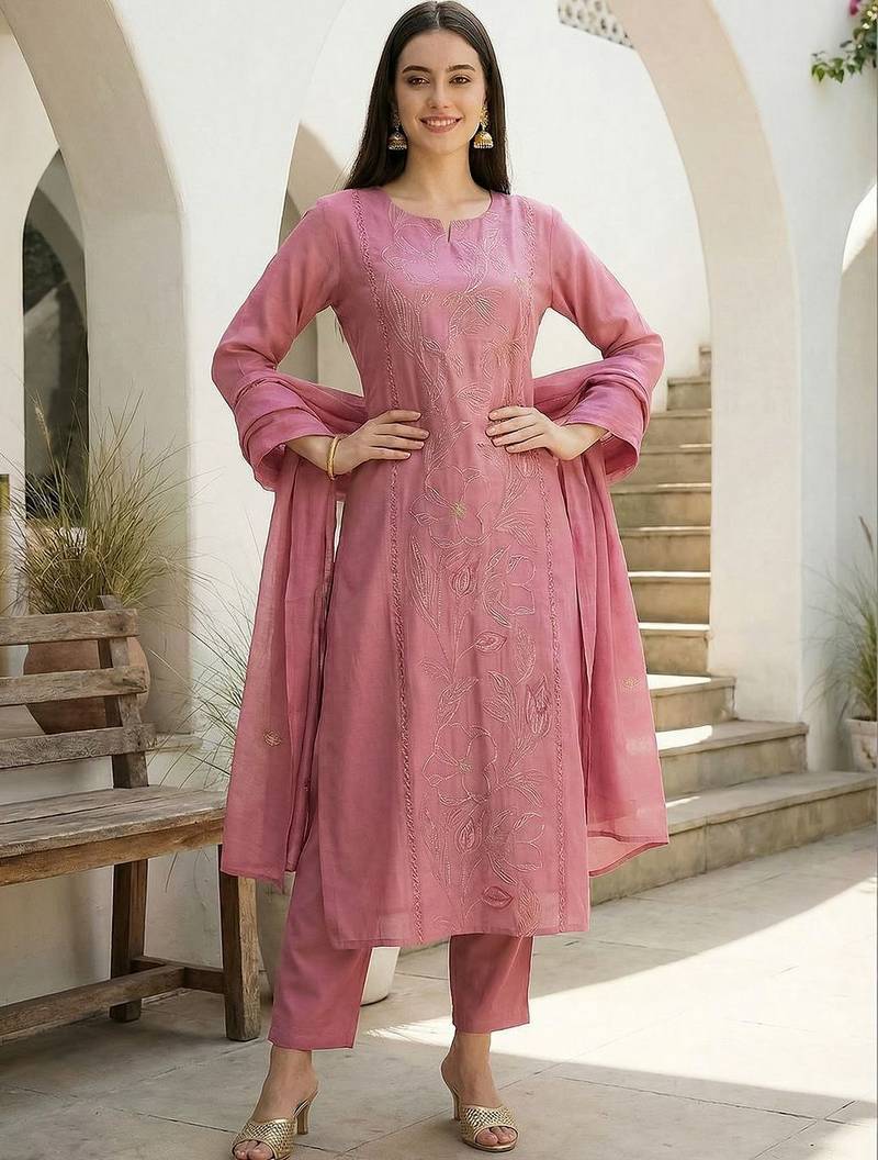 Women Floral Embroidered Thread Work Kurta with Trousers & With Dupatta
