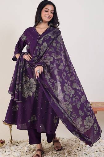 Women Floral Printed Cotton Kurta with Trousers & With Dupatta
