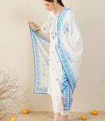 Floral Embroidered Thread Work Straight Cotton Kurta & Trouser With Dupatta