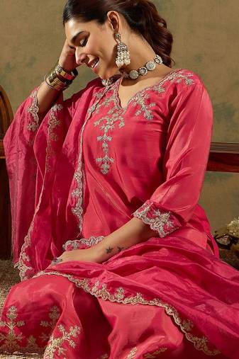 Floral Embroidered Kurta With Trousers & Dupatta