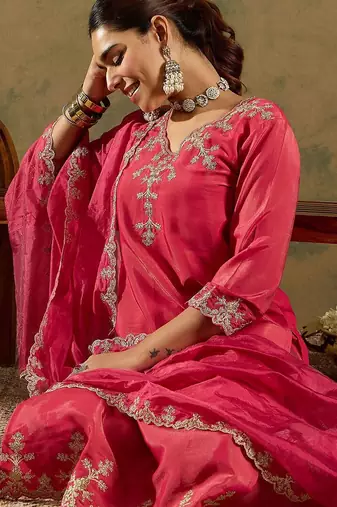 Floral Embroidered Kurta With Trousers & Dupatta