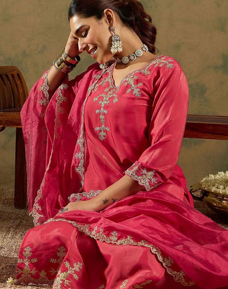 Floral Embroidered Kurta With Trousers & Dupatta