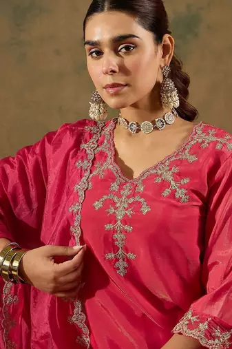 Floral Embroidered Kurta With Trousers & Dupatta