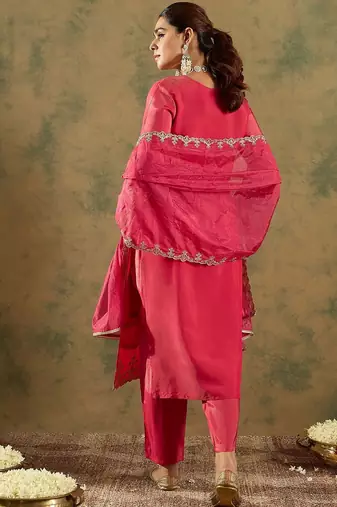 Floral Embroidered Kurta With Trousers & Dupatta