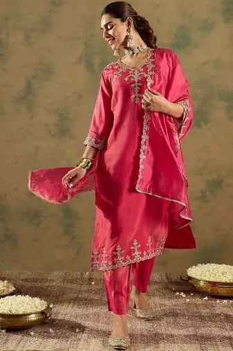 Floral Embroidered Kurta With Trousers & Dupatta