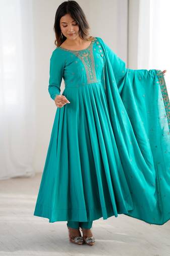 women's embroidery work shimmer chanderi silk blend flared anarkali pant and dupatta set