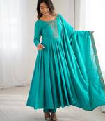 women's embroidery work shimmer chanderi silk blend flared anarkali pant and dupatta set