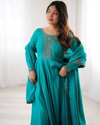 women's embroidery work shimmer chanderi silk blend flared anarkali pant and dupatta set 4