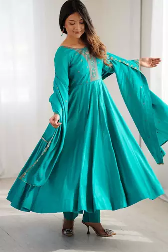 women's embroidery work shimmer chanderi silk blend flared anarkali pant and dupatta set