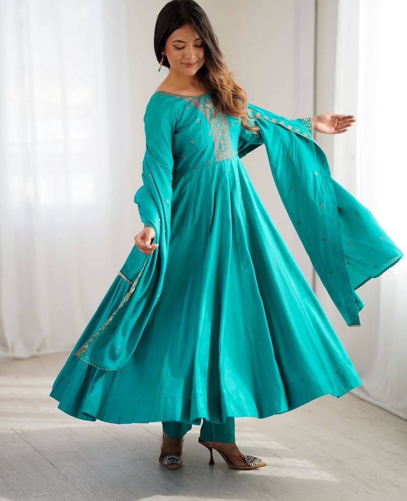 women's embroidery work shimmer chanderi silk blend flared anarkali pant and dupatta set