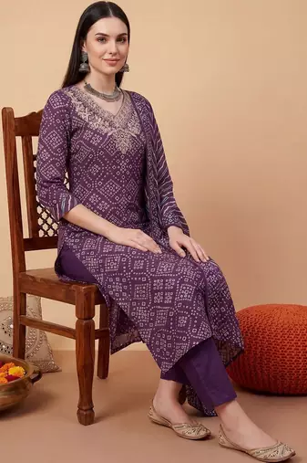Women Ethnic Motifs Printed Thread Work Cotton Kurta with Trousers & With Dupatta
