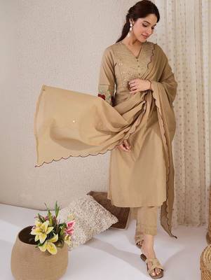 Women Ethnic Motifs Embroidered Mirror Work Cotton Kurta with Trousers & With Dupatta 1
