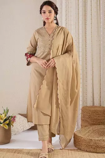 Women Ethnic Motifs Embroidered Mirror Work Cotton Kurta with Trousers & With Dupatta