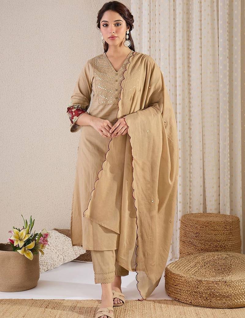 Women Ethnic Motifs Embroidered Mirror Work Cotton Kurta with Trousers & With Dupatta