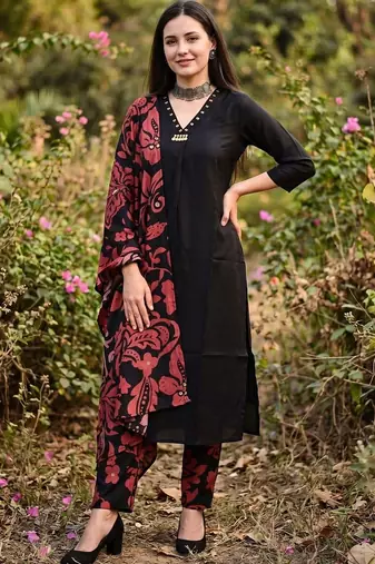 Women Floral Sequinned Cotton Kurta with Trousers & With Dupatta