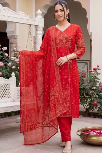 Women Ethnic Motifs Printed Angrakha Cotton Kurta with Trousers & Dupatta