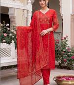Women Ethnic Motifs Printed Angrakha Cotton Kurta with Trousers & Dupatta